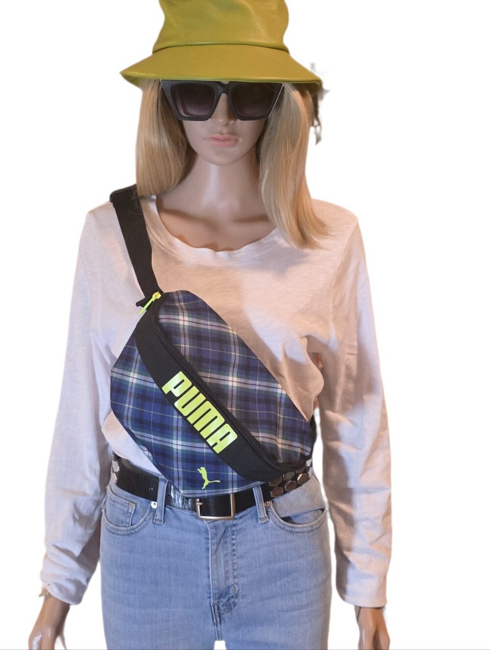 PUMA Rhythm Hip Sack Plaid Fanny Pack Navy Blue & Lime Green